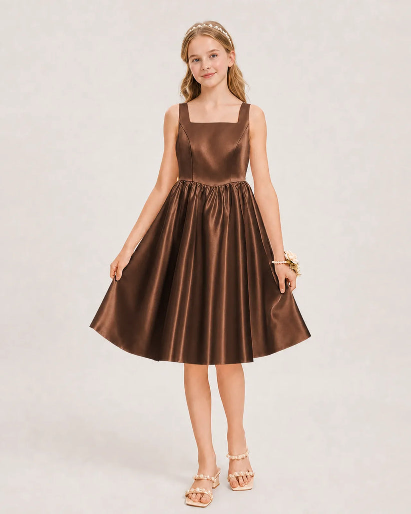 Chocolate Satin A-line Junior Bridesmaid Dress Front View
