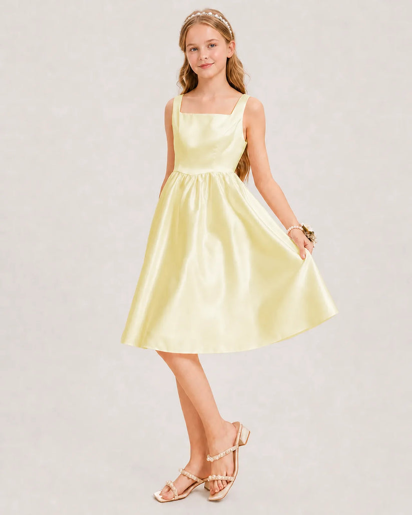 Daffodil Satin A-line Junior Bridesmaid Dress Front View