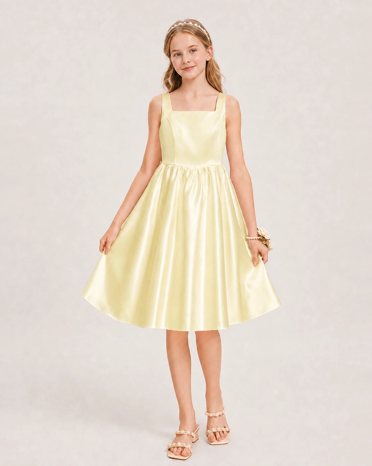 Daffodil Satin Junior Bridesmaid Dress Knee-Length A-Line Gown
