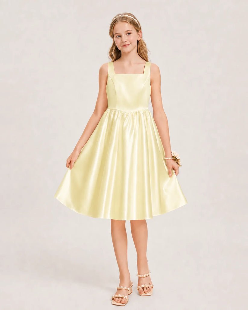 Daffodil Satin A-line Junior Bridesmaid Dress Front View