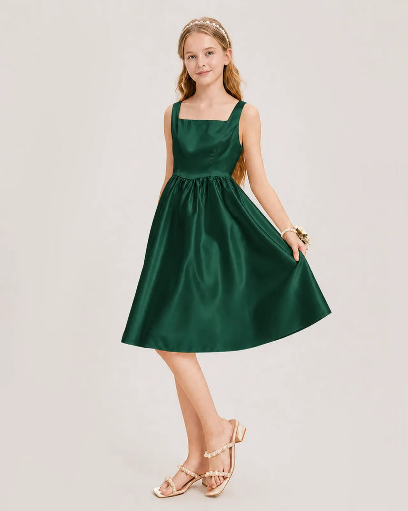 Dark Green Satin A-line Junior Bridesmaid Dress Front View
