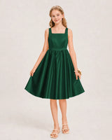 Dark Green Satin A-line Junior Bridesmaid Dress Front View