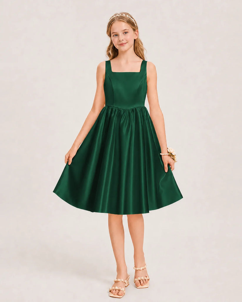 Dark Green Satin A-line Junior Bridesmaid Dress Front View