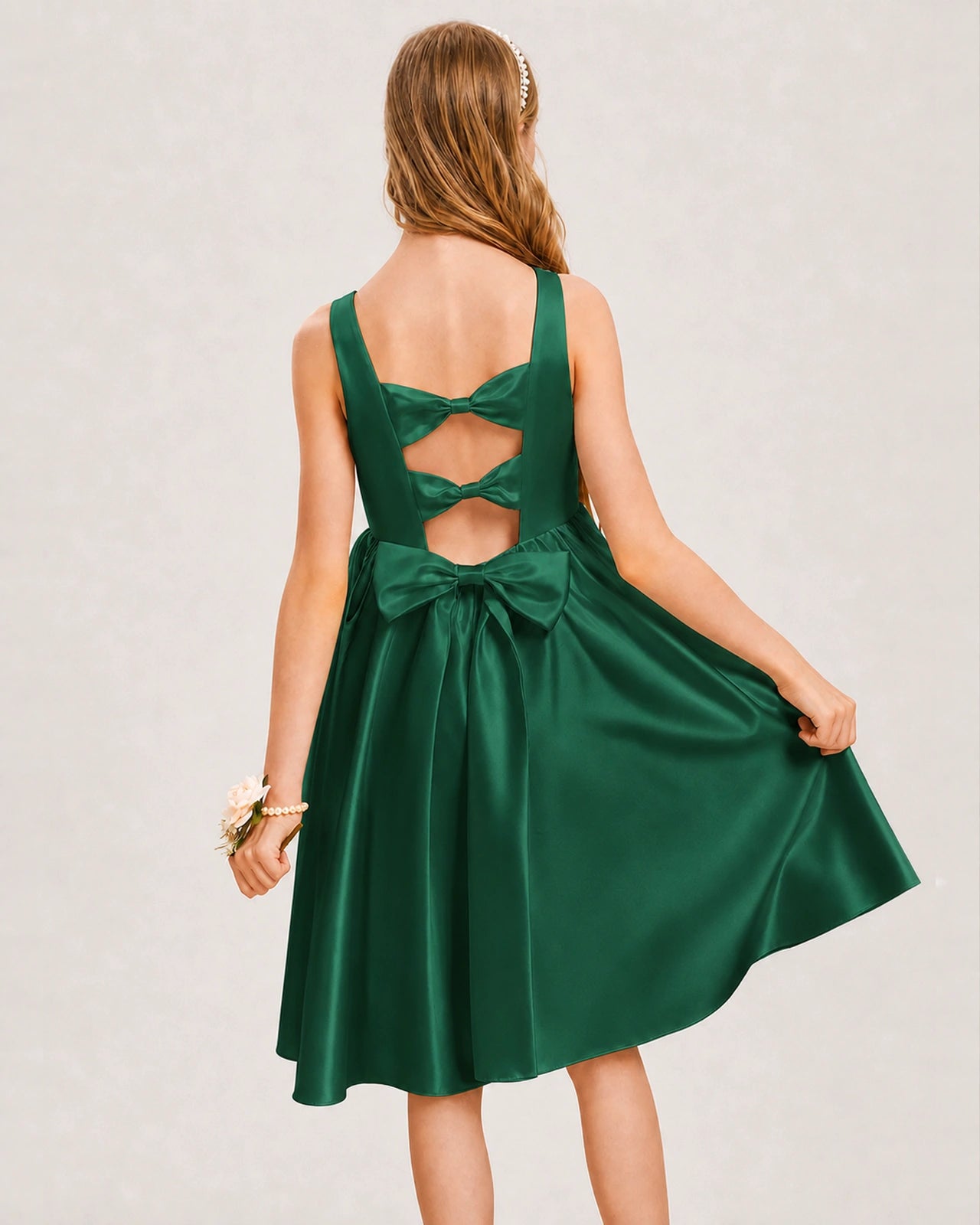 Dark Green Satin Junior Bridesmaid Dress Knee-Length A-Line Gown