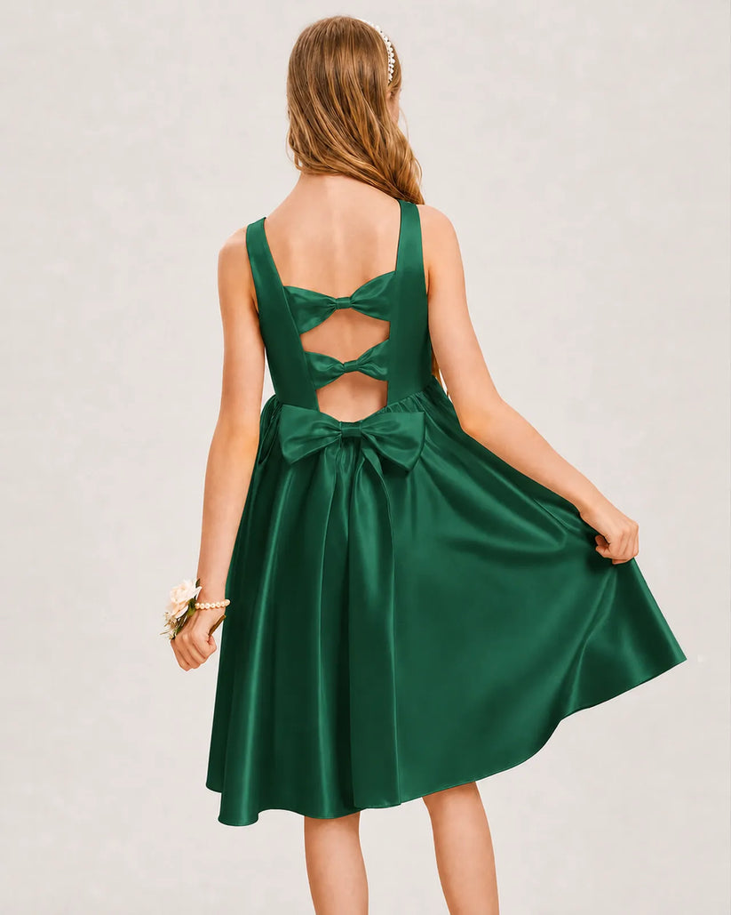Dark Green Satin A-line Junior Bridesmaid Dress Back View