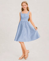 Dusty Blue Satin A-line Junior Bridesmaid Dress Front View