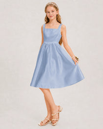 Dusty Blue Satin Junior Bridesmaid Dress Knee-Length A-Line Gown