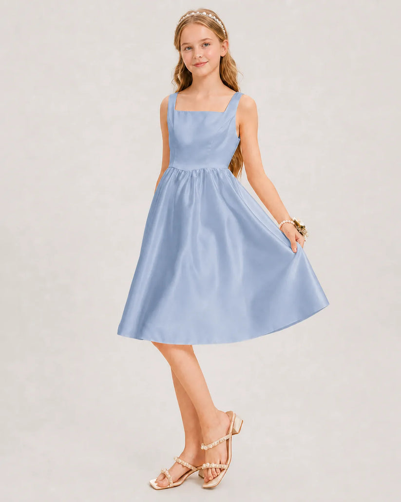 Dusty Blue Satin A-line Junior Bridesmaid Dress Front View