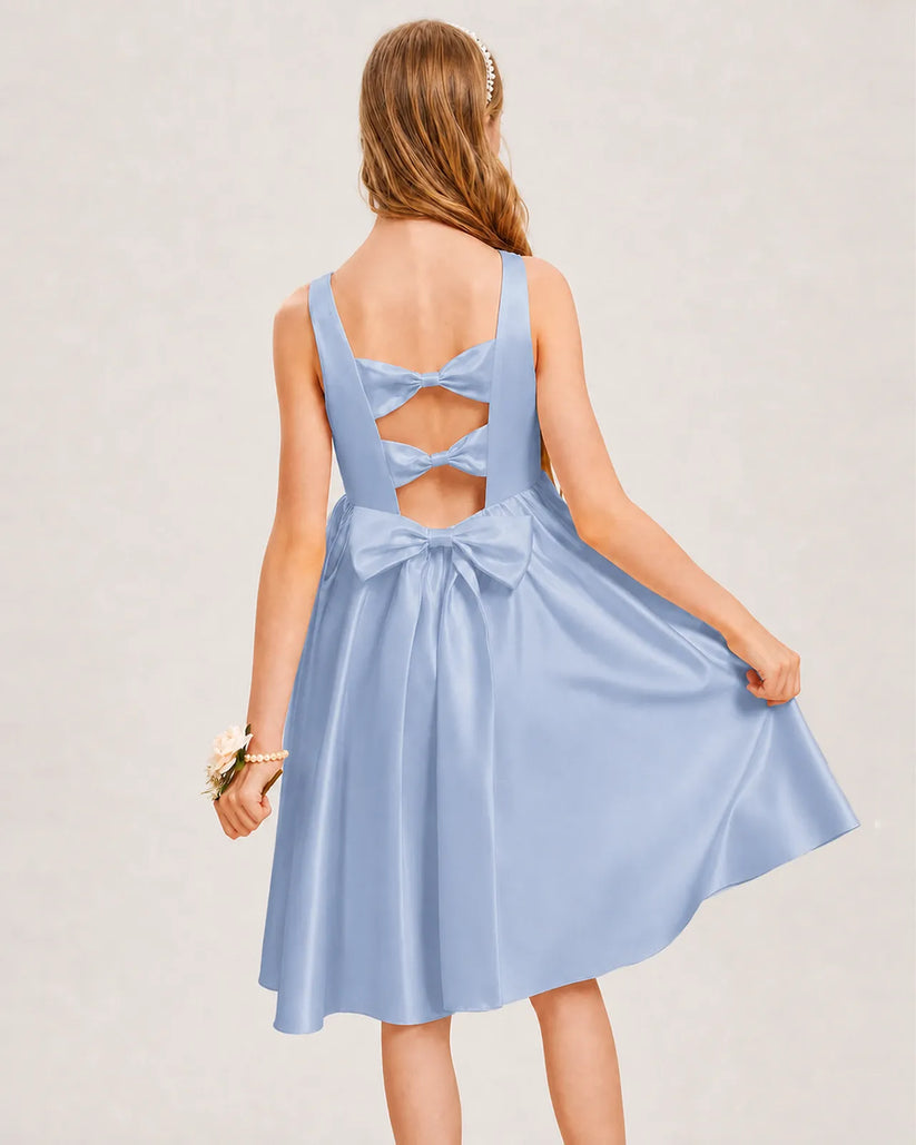 Dusty Blue Satin A-line Junior Bridesmaid Dress Back View
