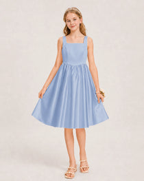 Dusty Blue Satin Junior Bridesmaid Dress Knee-Length A-Line Gown