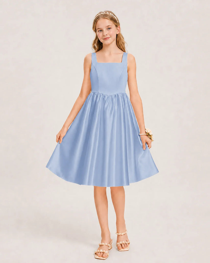 Dusty Blue Satin A-line Junior Bridesmaid Dress Front View