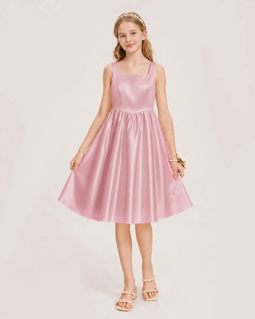 Dusty Rose Satin A-line Junior Bridesmaid Dress Front View