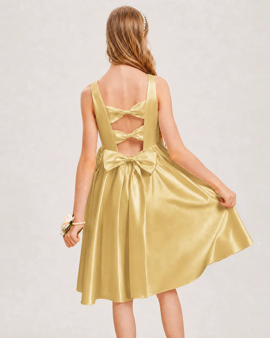 Gold Satin A-line Junior Bridesmaid Dress Back View