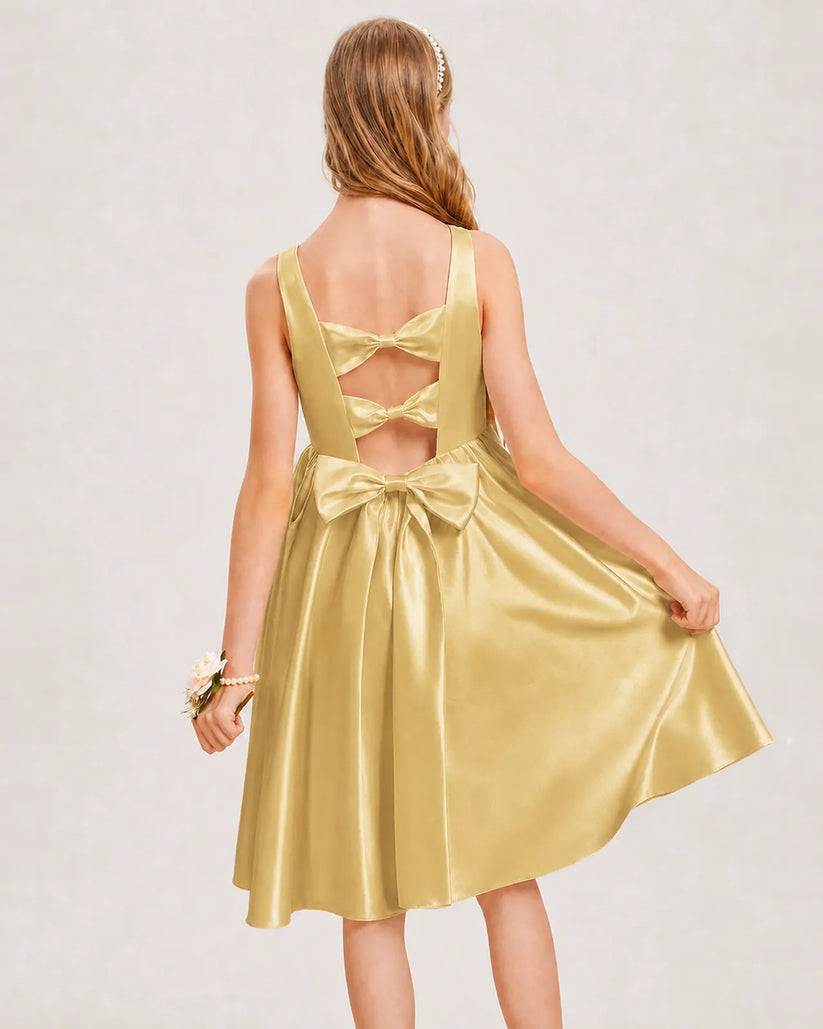 Gold Satin A-line Junior Bridesmaid Dress Back View
