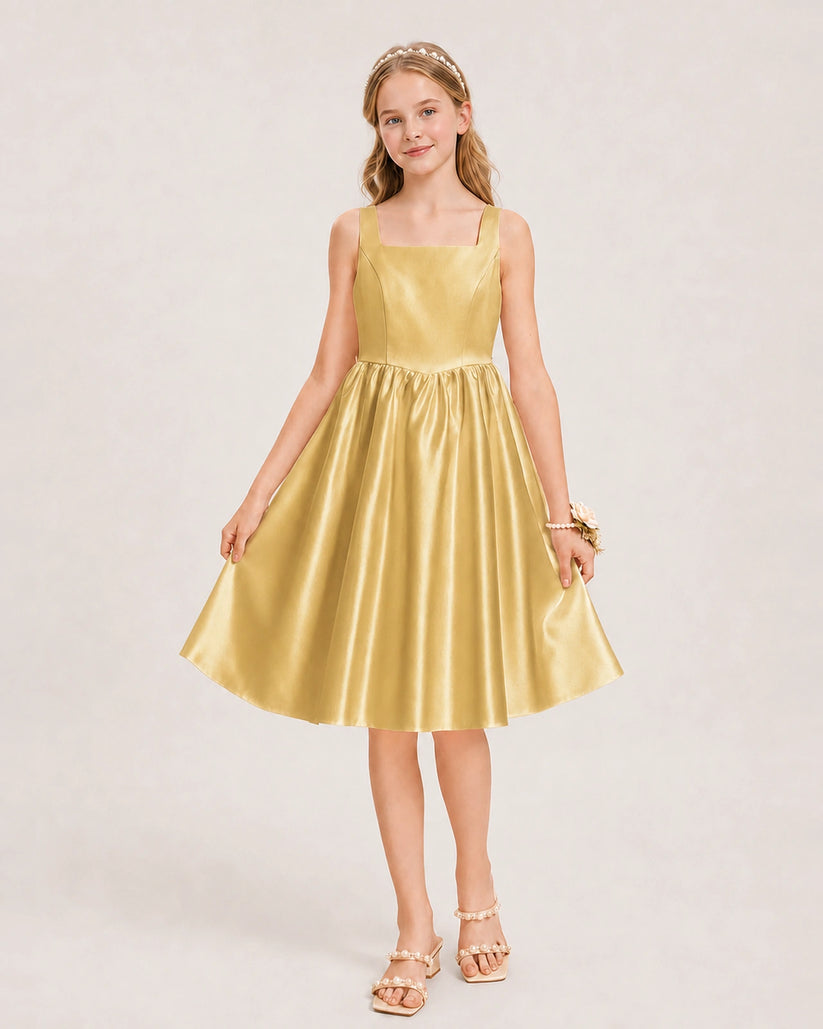Gold Satin A-line Junior Bridesmaid Dress Front View