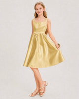 Gold Satin A-line Junior Bridesmaid Dress Front View