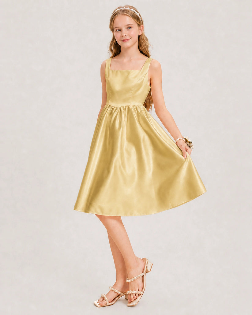 Gold Satin A-line Junior Bridesmaid Dress Front View