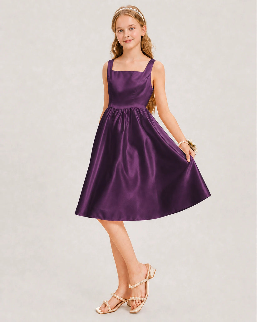 Grape Satin A-line Junior Bridesmaid Dress Front View