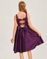 Grape Satin A-line Junior Bridesmaid Dress Back View