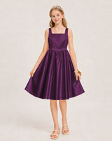 Grape Satin A-line Junior Bridesmaid Dress Front View