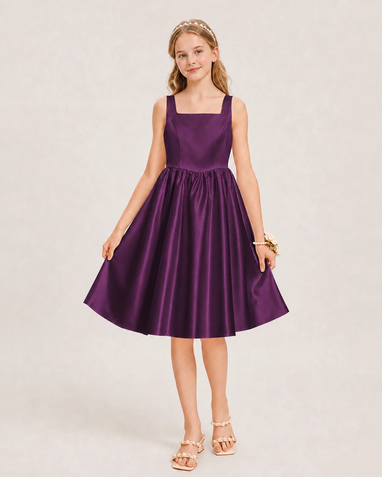 Grape Satin Junior Bridesmaid Dress Knee-Length A-Line Gown