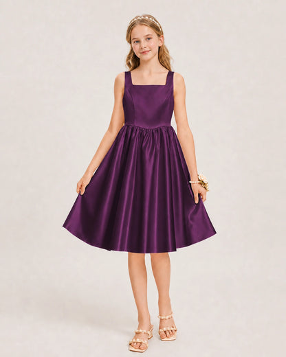 Grape Satin Junior Bridesmaid Dress Knee-Length A-Line Gown