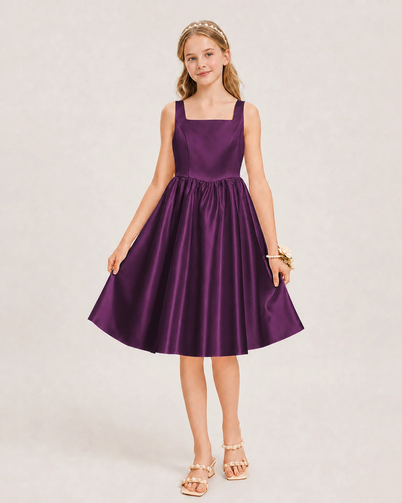 Grape Satin A-line Junior Bridesmaid Dress Front View