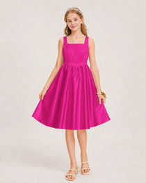 Hot Pink Satin Junior Bridesmaid Dress Knee-Length A-Line Gown