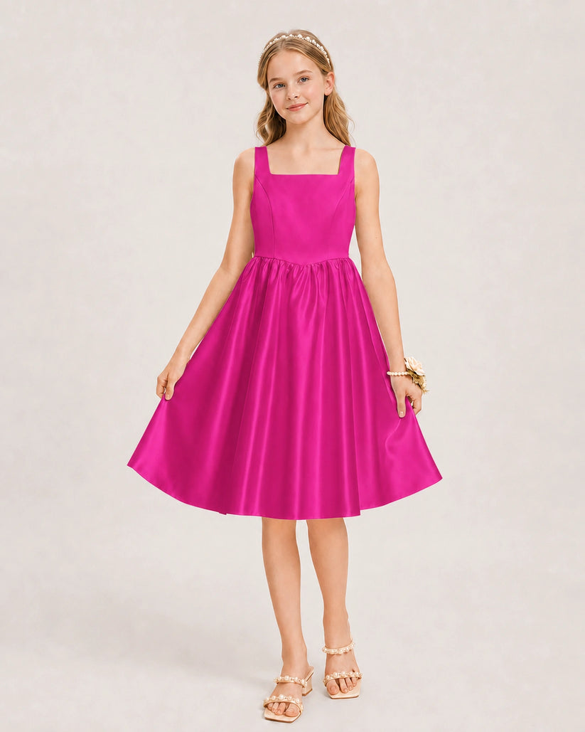 Hot Pink Satin A-line Junior Bridesmaid Dress Front View
