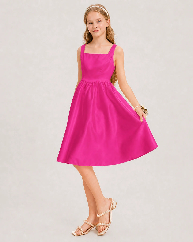 Hot Pink Satin A-line Junior Bridesmaid Dress Front View