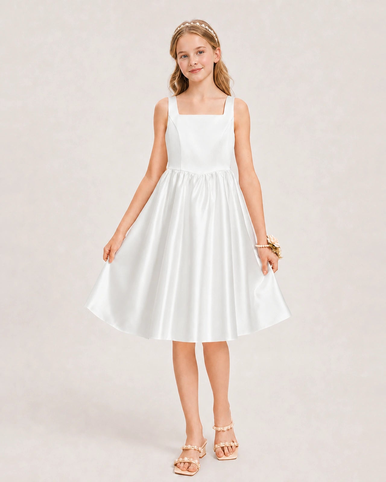 Ivory Satin Junior Bridesmaid Dress Knee-Length A-Line Gown