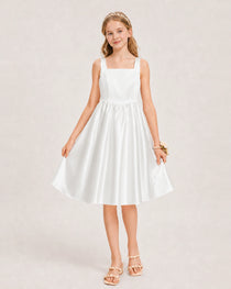 Ivory Satin Junior Bridesmaid Dress Knee-Length A-Line Gown