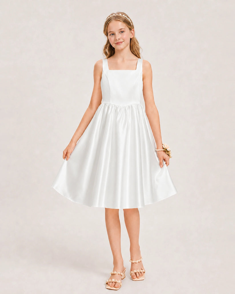 Ivory Satin A-line Junior Bridesmaid Dress Front View