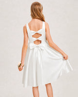 Ivory Satin A-line Junior Bridesmaid Dress Back View