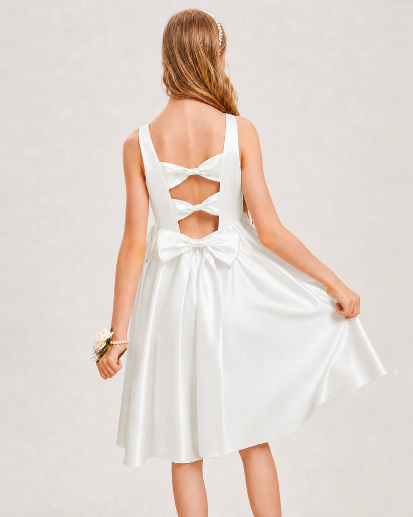 Ivory Satin A-line Junior Bridesmaid Dress Back View