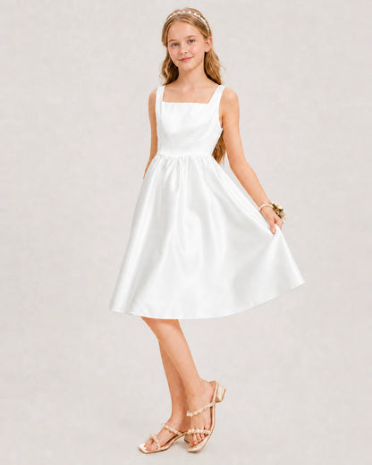 Ivory Satin Junior Bridesmaid Dress Knee-Length A-Line Gown