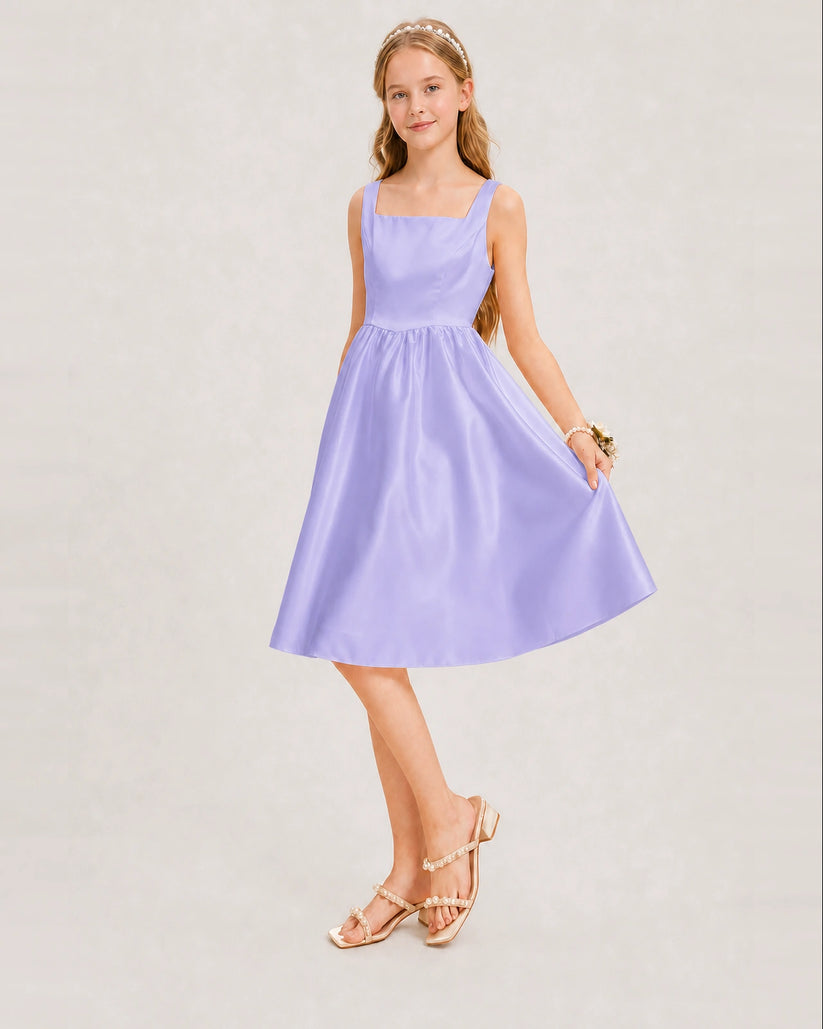 Lavender Satin A-line Junior Bridesmaid Dress Front View