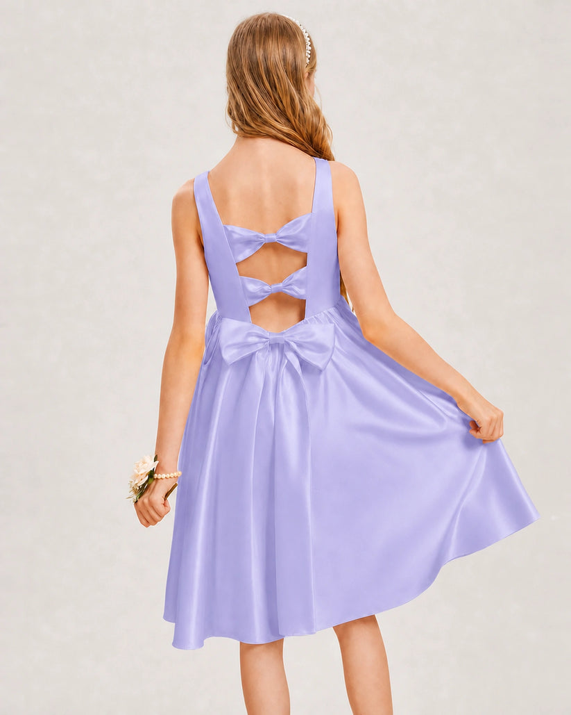 Lavender Satin A-line Junior Bridesmaid Dress Back View