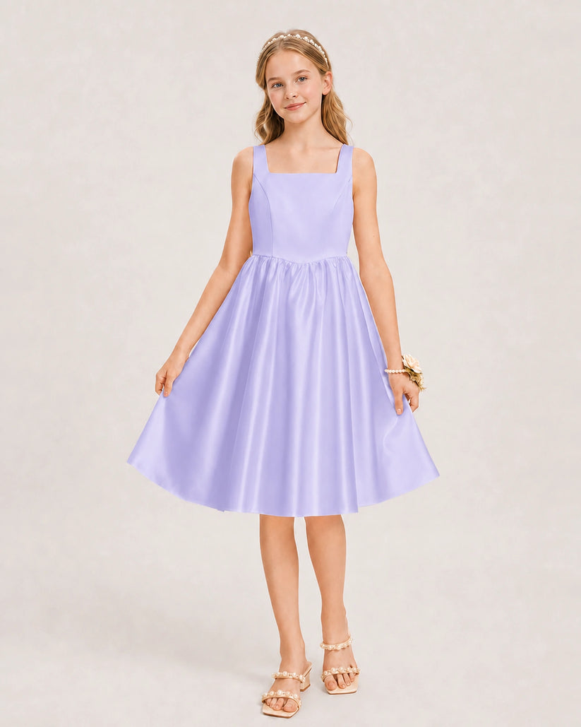 Lavender Satin A-line Junior Bridesmaid Dress Front View