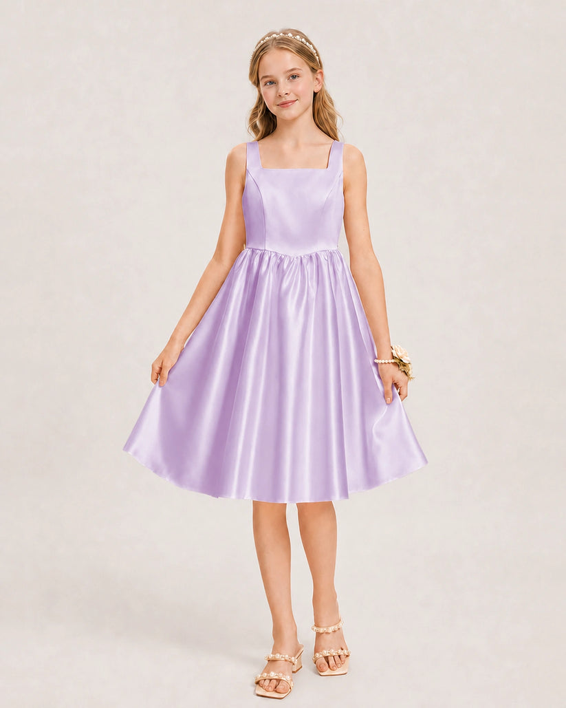 Lilac Satin A-line Junior Bridesmaid Dress Front View