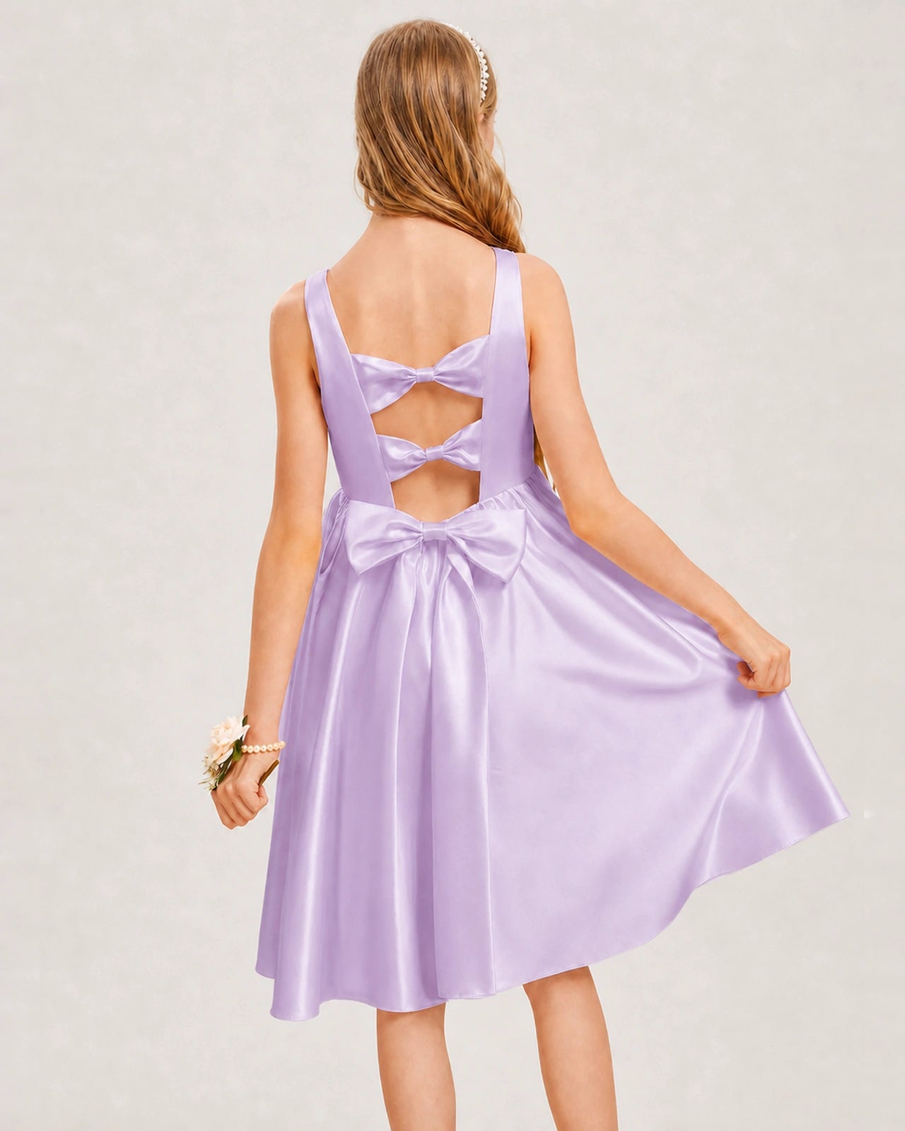 Lilac Satin Junior Bridesmaid Dress Knee-Length A-Line Gown