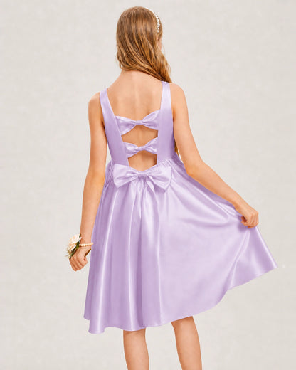 Lilac Satin Junior Bridesmaid Dress Knee-Length A-Line Gown