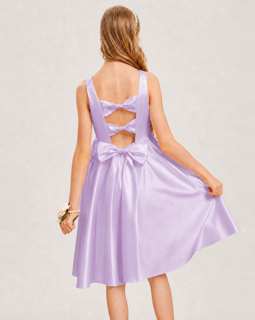 Lilac Satin A-line Junior Bridesmaid Dress Back View
