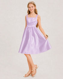 Lilac Satin Junior Bridesmaid Dress Knee-Length A-Line Gown