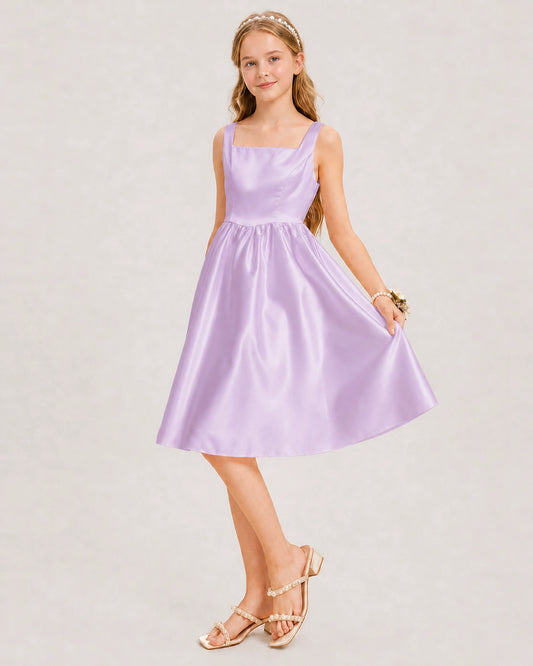 Lilac Satin A-line Junior Bridesmaid Dress Front View