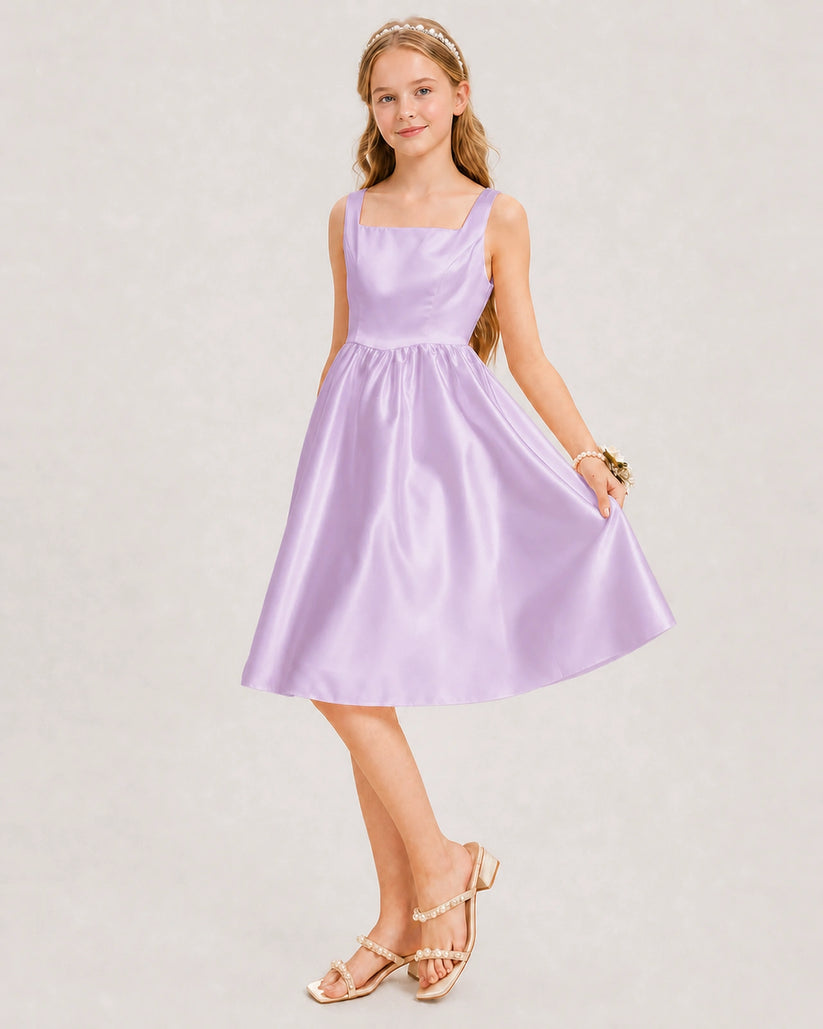 Lilac Satin A-line Junior Bridesmaid Dress Front View