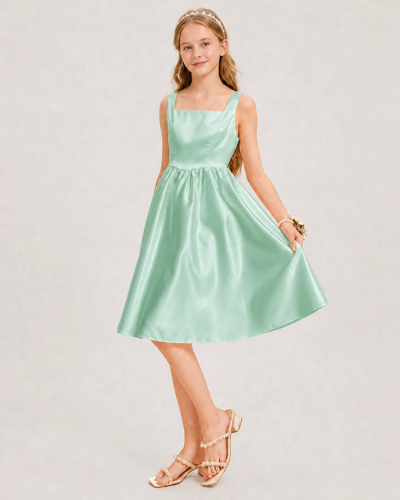 Mint Green Satin A-line Junior Bridesmaid Dress Front View