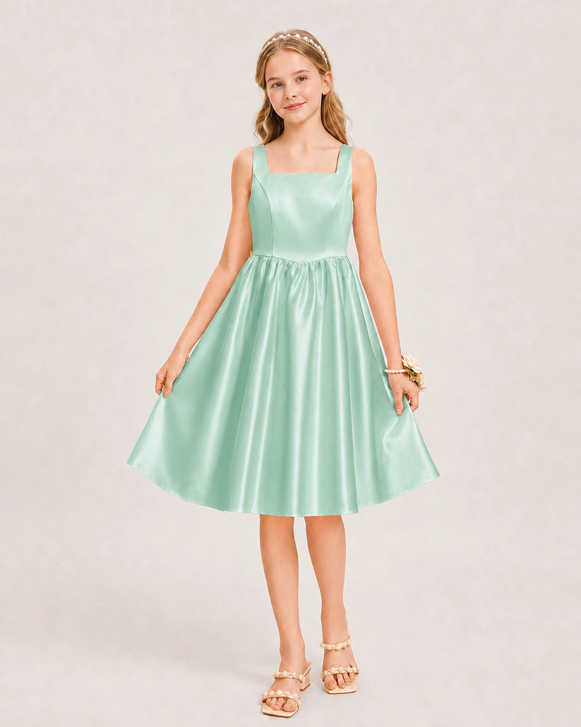 Mint Green Satin A-line Junior Bridesmaid Dress Front View