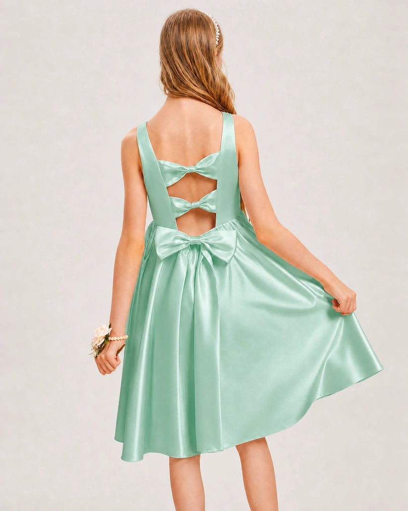 Mint Green Satin A-line Junior Bridesmaid Dress Back View