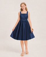 Navy Blue Satin A-line Junior Bridesmaid Dress Front View